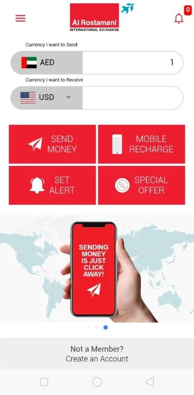 Al Rostamani Int Exchange mobile app homepage